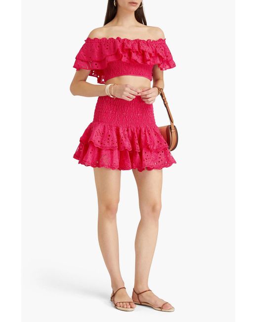 Charo Ruiz Red Clara Cropped Off-The-Shoulder Broderie Anglaise Cotton-Blend Top