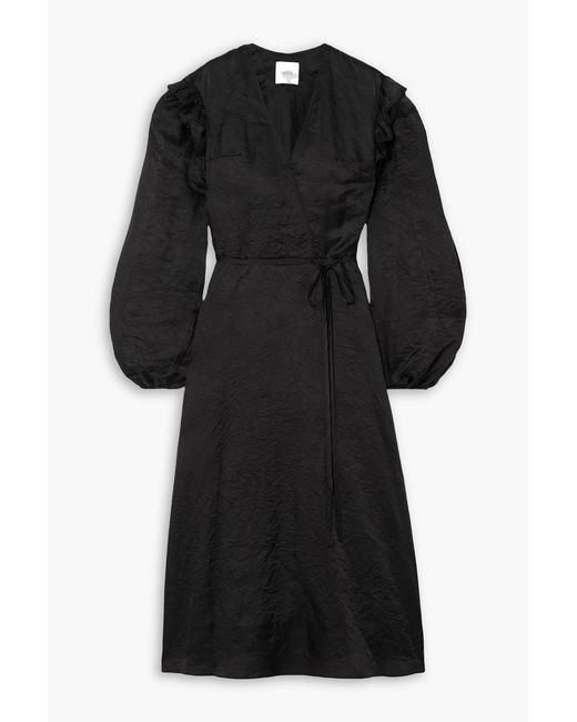 Patou Black Ruffled Crinkled-satin Wrap Midi Dress