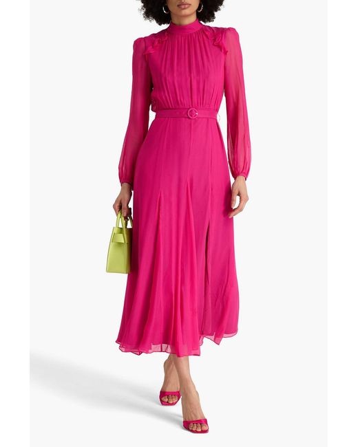 Saloni Pink Jacqui Belted Silk-Blend Crepon Maxi Dress