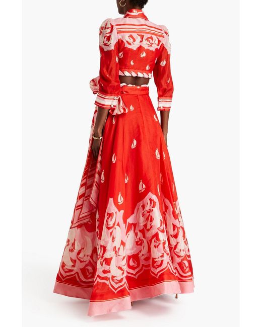 Zimmermann Red Cropped Printed Linen And Silk-Blend Shirt