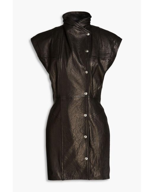 IRO Black Pleated Crinkled Leather Mini Dress