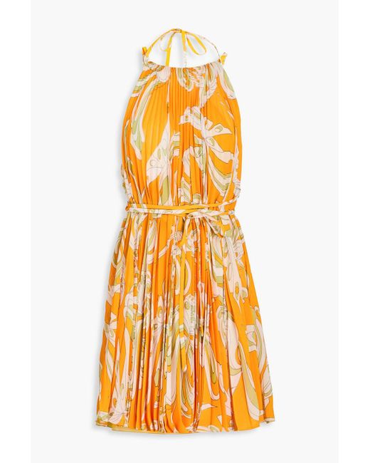 Emilio Pucci Orange Pleated Printed Georgette Halterneck Mini Dress