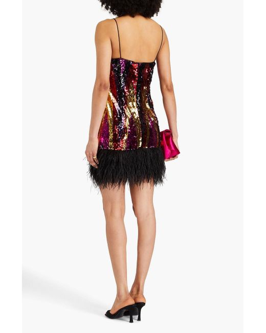 Rebecca Vallance Red Feather-trimmed Sequined Mesh Mini Dress