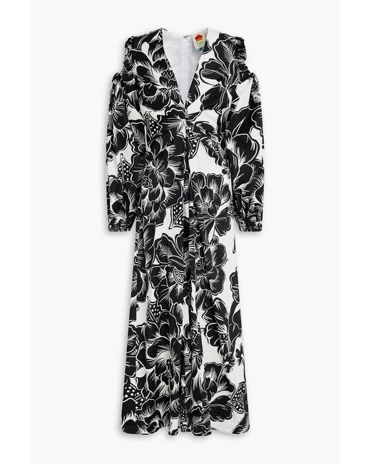 Farm Rio Black Cold-shoulder Floral-print Cotton-sateen Midi Dress