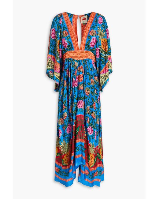 Farm Rio Blue Cutout Floral-print Crepe De Chine Midi Dress