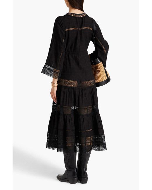 Veronica Beard Black Minoru Guipure Lace-paneled Cotton-jacquard Midi Shirt Dress