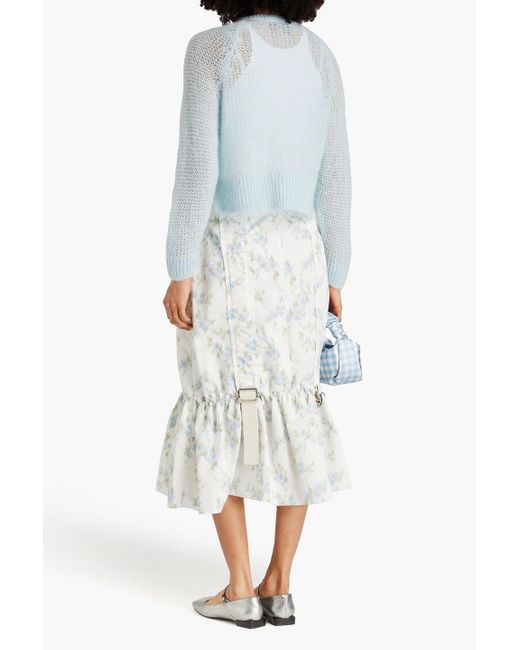 Simone Rocha White Buckle-detailed Ruffled Floral-print Taffeta Midi Skirt