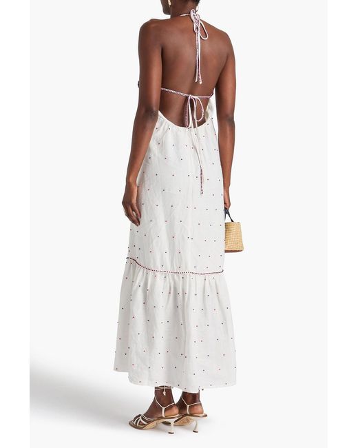 Farm Rio White Bead-Embellished Linen-Blend Halterneck Midi Dress