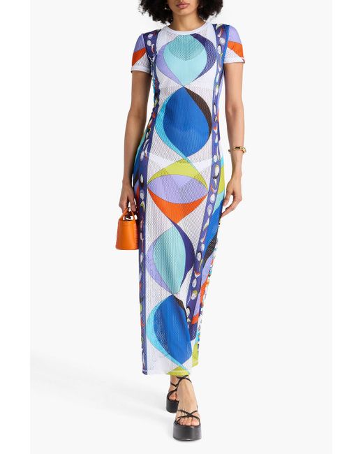 Emilio Pucci Blue Printed Stretch-mesh And Cotton-jersey Maxi Dress