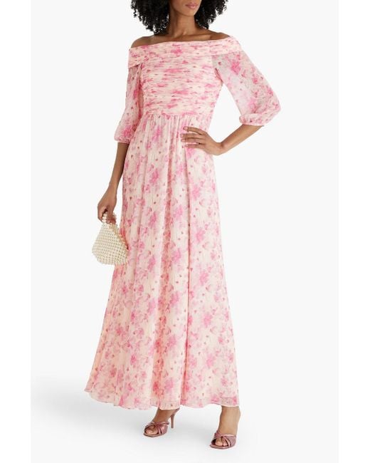 Mikael Aghal Pink Off-the-shoulder Floral-print Chiffon Maxi Dress