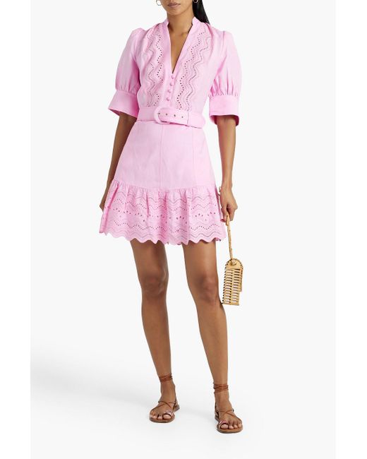 Rebecca Vallance Pink Emile Belted Broderie Anglaise Linen-blend Mini Dress