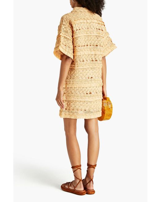 Zimmermann Natural Fringed Crocheted Mini Shirt Dress