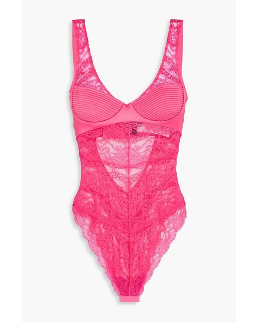 Versace Pink Cutout Quilted Satin And Lace Underwired Bodysuit