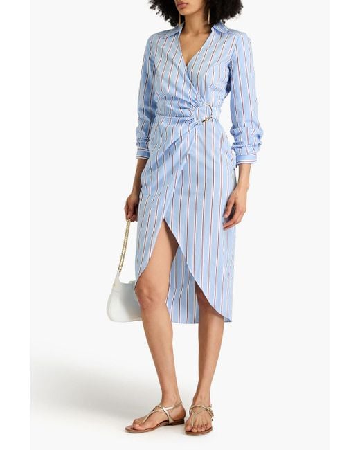 Veronica Beard Blue Afton Wrap-effect Striped Cotton-blend Poplin Midi Shirt Dress