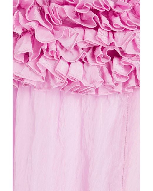 Ganni Pink Ruffled Crinkled-Taffeta Midi Dress