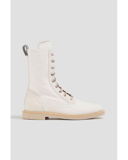 Brunello Cucinelli White Bead-embellished Canvas Combat Boots