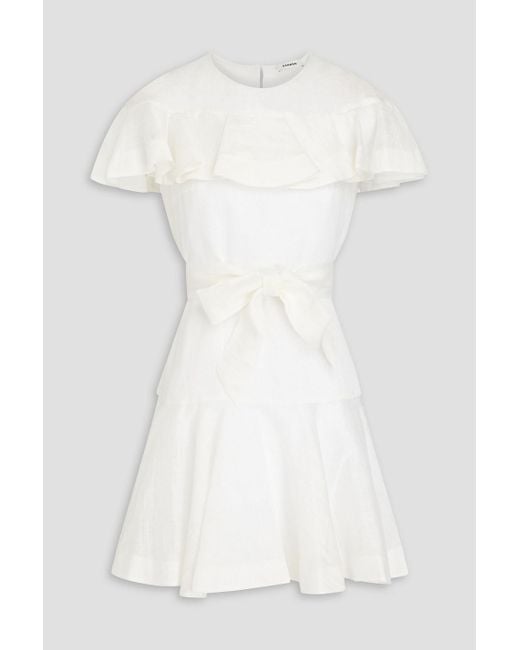 Sandro White Ruffled Belted Linen-blend Gauze Mini Dress