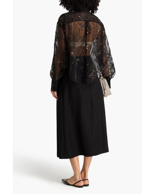 Brunello Cucinelli Black Embellished Silk-Organza Shirt