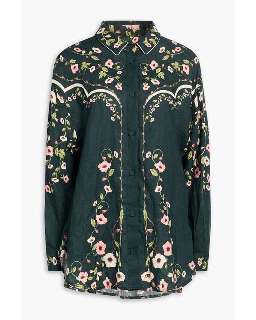 Agua Bendita Green Cecilia Floral-Print Linen Shirt