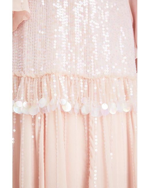 Temperley London Pink Sylvan Crepe De Chine-paneled Sequined Tulle Maxi Dress