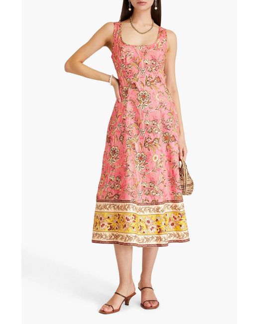 Zimmermann Pink Midikleid aus leinen mit floralem print und cut-outs