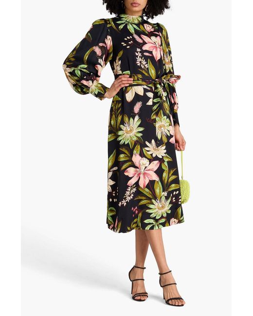 Farm Rio Black Floral-Print Crepe Midi Dress