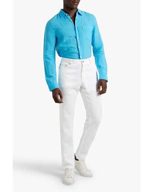 120% Lino Blue Pinstriped Linen Shirt for men