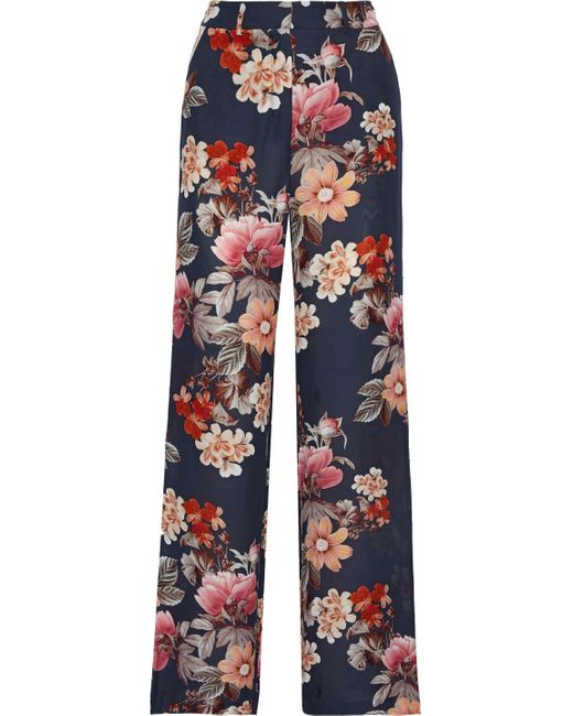 Nicholas Blue Floral-print Silk-chiffon Wide-leg Pants Navy