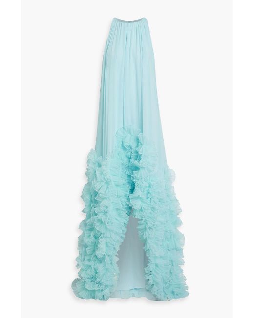 Badgley Mischka Blue Ruffled Chiffon Gown