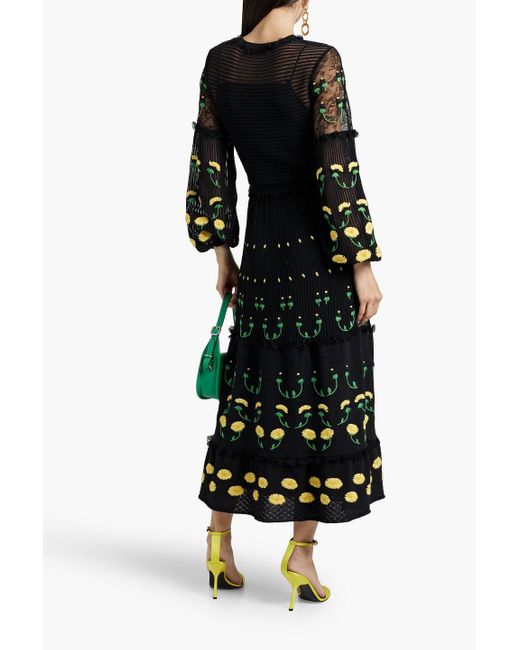 Valentino Garavani Black Embroidered Lace-paneled Crocheted Cotton-blend Maxi Dress