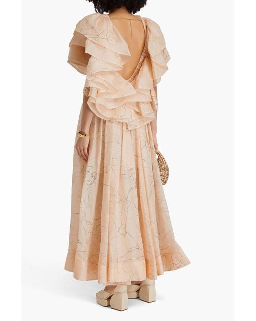 Zimmermann Natural Ruffled Printed Linen And Silk-blend Gauze Gown