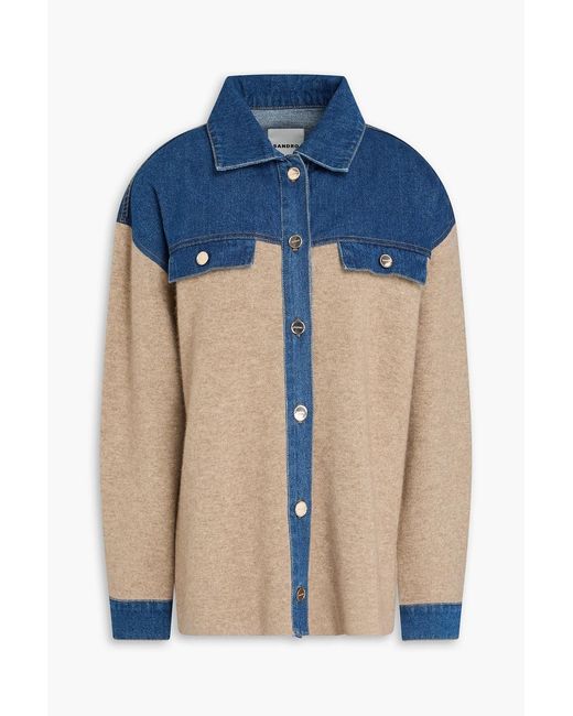 Sandro Blue Denim-paneled Knitted Cardigan