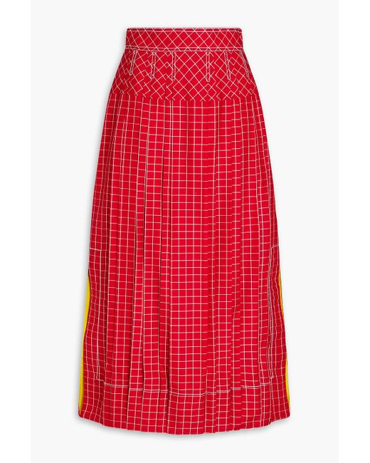 Tory Burch Red Pleated Checked Silk Midi Skirt