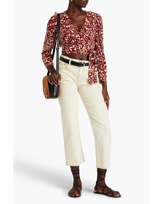 Ba&sh Red Cropped Pleated Printed Crepe De Chine Wrap Blouse