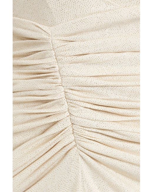Rhea Costa White One-shoulder Ruched Glittered Jersey Gown