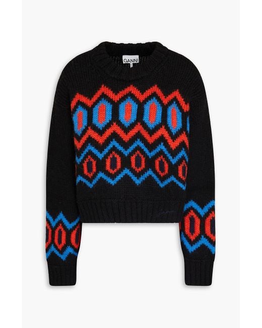 Ganni Black Jacquard-knit Wool Sweater