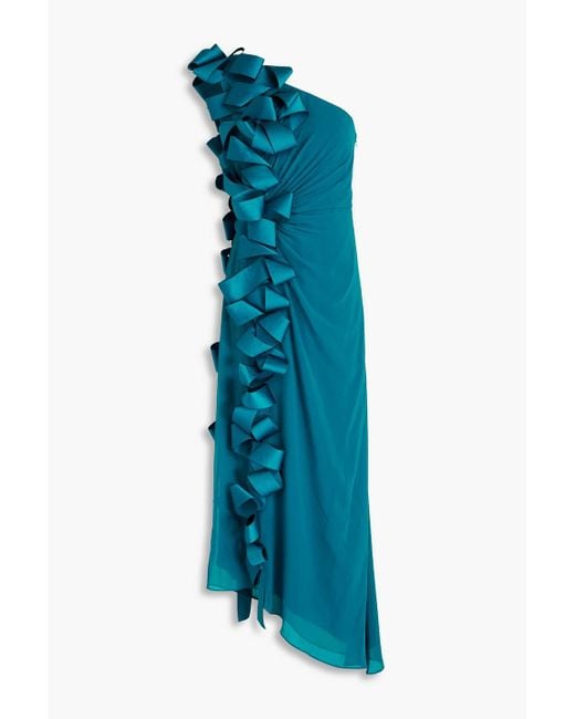 Badgley Mischka Blue One-shoulder Bow-detailed Draped Georgette Gown
