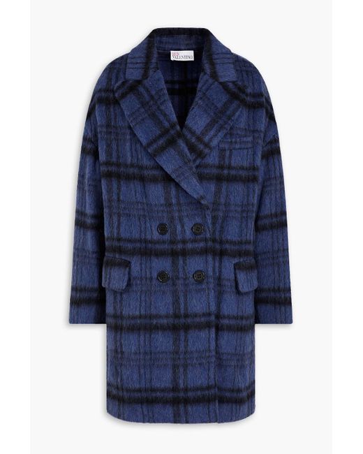 RED Valentino Blue Double-breasted Checked Brushed Wool-blend Felt Coat