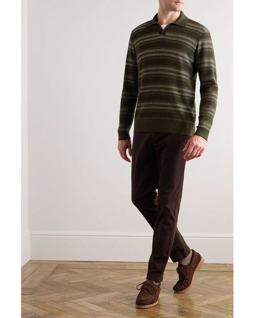 Mr P. Green Striped Ribbed Merino Wool Polo Sweater for men