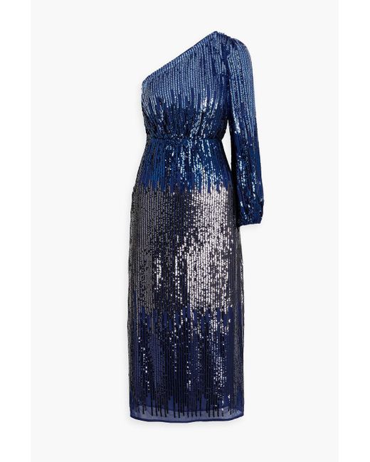 Rixo Blue One-sleeve Sequined Dégradé Chiffon Midi Dress