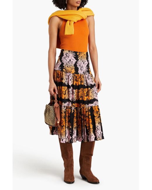 Sandro Orange Gathered Floral-print Cotton-blend Seersucker Midi Skirt