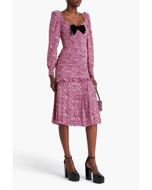 Alessandra Rich Purple Bow-detailed Ruched Floral-print Silk Crepe De Chine Midi Dress