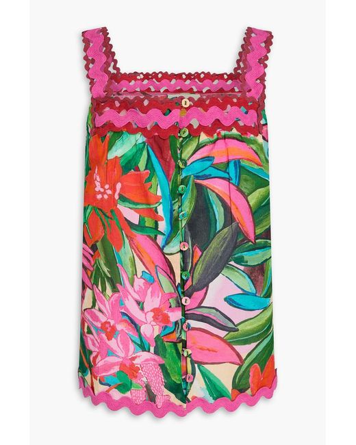 Farm Rio Green Floral-print Cotton-voile Top