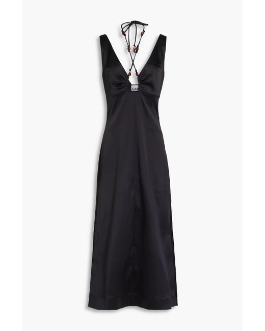 Ganni Black Bead-embellished Ruched Satin Halterneck Midi Dress