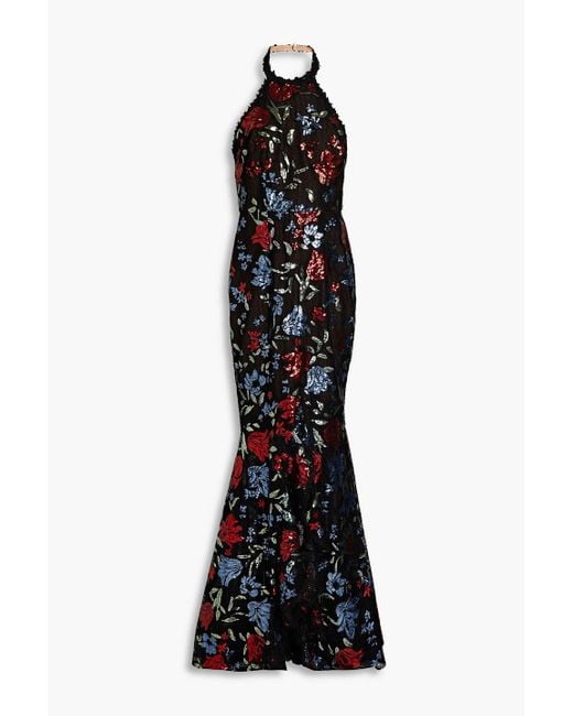 Marchesa Black Embellished Ruffled Tulle Halterneck Gown