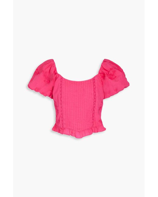 LoveShackFancy Pink Breonna Neon Embroidered Cotton Top