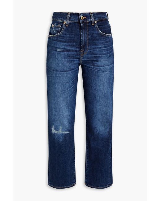 7 For All Mankind Blue Modern Cropped Distressed High-rise Straight-leg Jeans