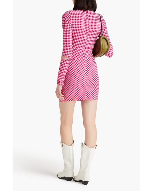 Ganni Pink Cutout Ruched Gingham Seersucker Mini Dress