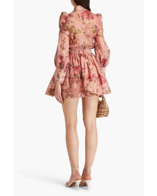 Zimmermann Gathered Floral-print Linen And Silk-blend Gauze Mini Skirt
