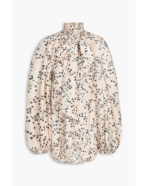 Zimmermann White Pussy-Bow Printed Silk-Twill Blouse